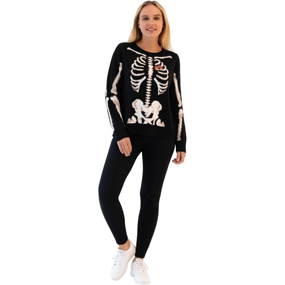 Women's Halloween Sweater Long Sleeve Crew Neck Black Skeleton Acrylic Medium